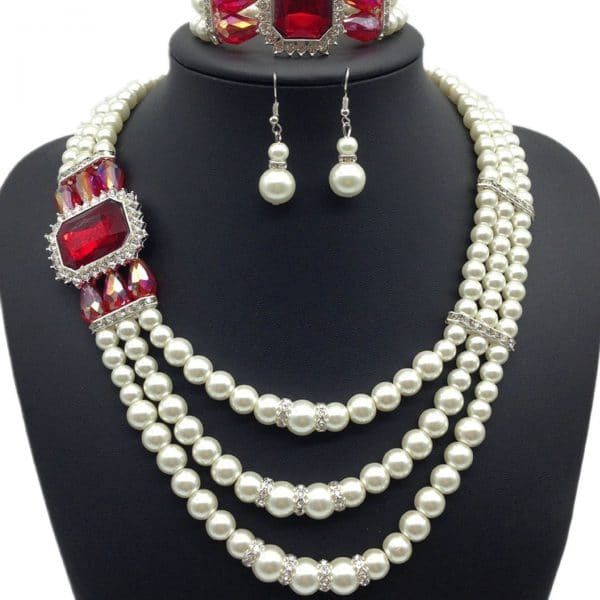Diamond Gemstone Pearl Necklace Earrings Set