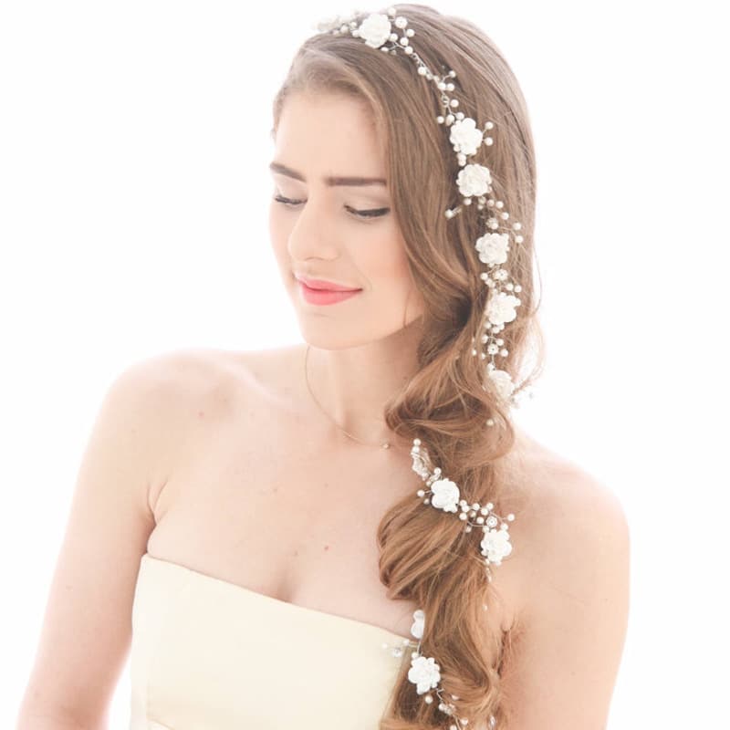 white flowers and long soft hair chain